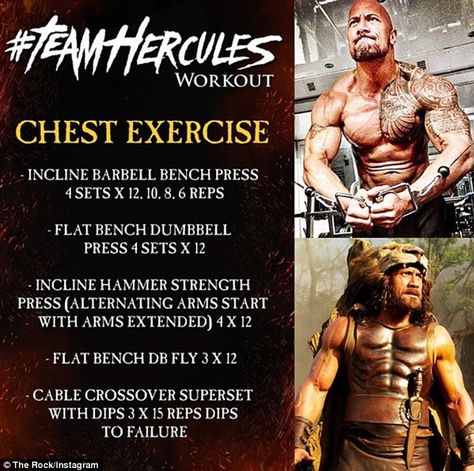 Dwayne Johnson reveals his grueling Hercules workouts #dailymail Hercules The Rock, The Rock Hercules Workout, Hercules Workout, Dwayne Johnson Workout, The Rock Workout, Chest Exercise, Trening Sztuk Walki, Chest Exercises, Workout Splits