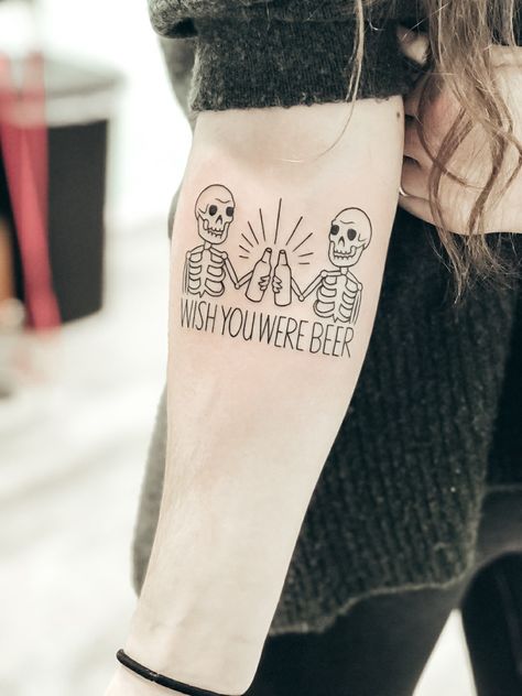 Matching Beer Tattoo Ideas, Beer Matching Tattoos, Matching Beer Tattoos, Matching Bartender Tattoos, Skeleton Beer Tattoo, Craft Beer Tattoo, Beer Mug Tattoo, Alcohol Tattoo Ideas, Drinking Tattoos