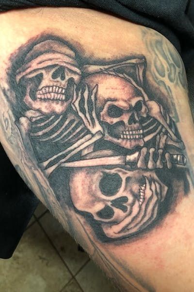 Good And Evil Tattoos, Bone Hand Tattoo, No Evil Tattoo, Leg Band Tattoos, Evil Tattoo, Skull Sleeve Tattoos, Evil Tattoos, Gangsta Tattoos, Forearm Sleeve Tattoos