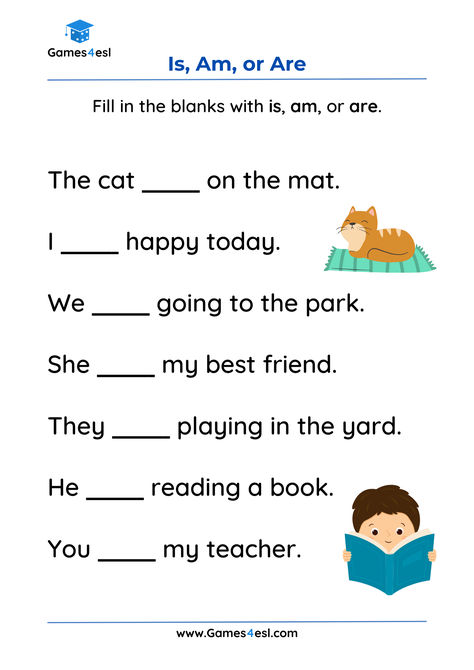 Young learners often find it challenging to use the correct form of the verb ‘to be’. These worksheets are all designed to help students practice using is, am, and are. To complete the worksheets, students must fill in the blanks with the correct ‘be verb’ to complete the sentences. As always, these are free to use in your lessons. Use Of Is Am Are Worksheet, Is And Are Worksheets, Verb To Be Worksheets For Kids, Verb To Be For Kids, Am Is Are Worksheets, Is Are Worksheet, Is Am Are Worksheets, Verb To Be Worksheets, To Be Worksheet