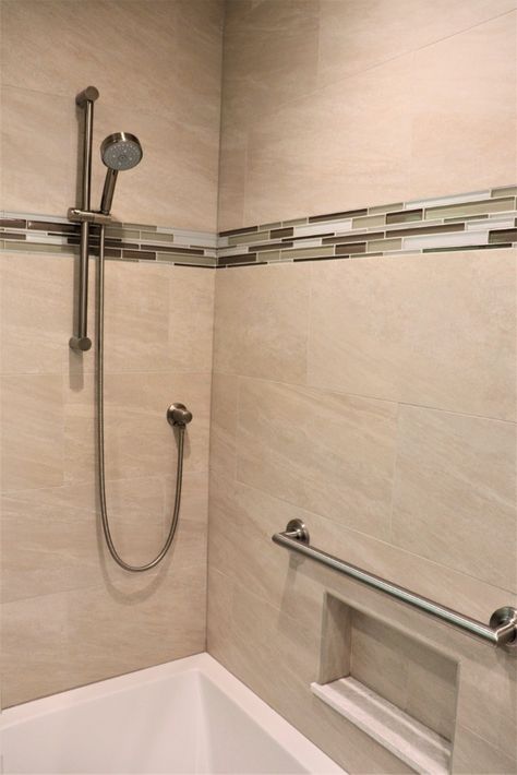 Family bath tub and shower area with handshower on a wall bar, grab bars above niche area which are near the access of the tub area. Frameless shower glass extends over most of the tub area to keep steam inside, but the door opens for accessibility. Bathtub Grab Bar Ideas, Remove Bathtub, San Ramon California, Upscale Bathroom, Shower Area, Small Bathtub, Shower Glass, Tub Ideas, Living Room Furniture Arrangement