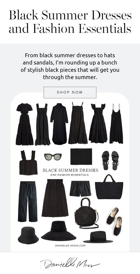 Black And White Linen Dress, Black Clothes Ideas, How To Wear Dresses Everyday, Wearing Black In Summer, Black Capsule Wardrobe Minimal Classic, All Black Summer Outfits Casual, Black Cotton Dress Summer, All Black Capsule Wardrobe, Black Summer Dress Outfit