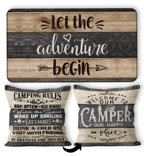 PRICES MAY VARY. 【Size】:Each set contains one door mat 17’’X30’’ and one decorative throw pillow cover 18’’X18’’ with no Filler or Insert.With a hidden zipper,it’s easy to put your insert in the pillow case and get a beautiful over appearance. 【High-Quality Material】:Throw pillow cover is made of high quality linen while door mat is made of latest non-slip recycled rubber and topped with polyester felt.It has high-quality construction. 【Nice Home Decor】:Exclusive and beautiful designs make a sty Camper Rugs, Rug Form, Camper Decorations, Gifts For Rv Owners, Camping Rules, Rv Door, Happy Drink, Adventure Campers, Log Cabin Decor