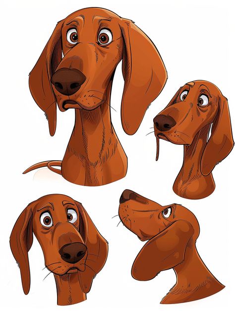 Cartoon Style Character Sheet of Female Dog Cartoon Dog Drawing Character Design, Cartoon Dog Expressions, Floppy Dog Ears Drawing, Cartoon Dog Eyes, Coonhound Drawing, Dog Character Design, Cartoon Style Character, Cartoon Dog Drawing, Sketching References