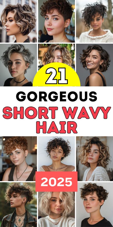 Discover 21 short wavy hairstyles for 2025, blending natural aesthetics with modern trends. From cuts with bangs and layers to stylish bobs with curtain bangs, these designs are ideal for women seeking effortless charm. These haircuts offer versatility and sophistication. Embrace the beauty of layered styles that frame your face and add volume, making these hairstyles a go-to choice for women of all ages. Natural Wavy Short Hairstyles, Assymetrical Haircut Curly Hair, Wavy Short Hairstyle Women, Wavy Layered Bob Hairstyles, Womens Short Wavy Hairstyles, Wavy Short Haircuts For Women, Short Wavy Hair Styles For Women, Short Naturally Wavy Hair Haircuts, Choppy Wavy Bob