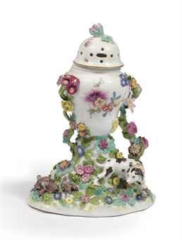 A Meissen potpourri vase and cover  Circa 1750, with blue crossed-swords mark  Of baluster form with pierced domed cover, painted with sprays of flowers, encrusted with branches of flowers issuing from a branch on a rockwork mound applied with sporting hound and game birds China Vase, Dresden Porcelain, Porcelain Art, Rococo Style, Porcelain Flowers, Antique Porcelain, Objet D'art, Beautiful Vase, Fine Porcelain