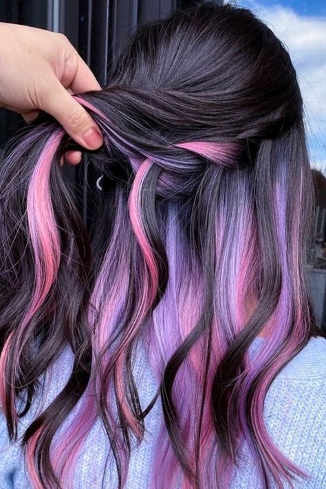 45 Pink Hair Color Ideas – Fashion Trend Hacks Pink And Purple Highlights, Red Roots, Pink Hair Color Ideas, Purple Streaks, Half Up Bun, Pink Hair Color, Blonde Waves, Pink Highlights, Go Pink