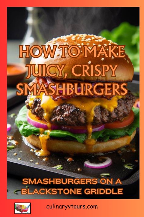 How to Make a Smashburger on a Blackstone Griddle - A Simple and Delicious Recipe. Smashburgers are a kind of burger that are cooked on a hot griddle, giving them a crispy crust and a juicy inside. You can make them at home using a Blackstone griddle, a flat-top gas grill that offers high heat and easy cleanup. In this recipe, you’ll learn how to make a Smashburger on a Blackstone griddle. #Smashburger #BlackstoneGriddle #EasyBurgers Smash Burger Recipe, Easy Burgers, Blackstone Grill, Burger Seasoning, How To Cook Burgers, Blackstone Griddle, Smash Burger, Burger Recipe, Ripe Tomatoes