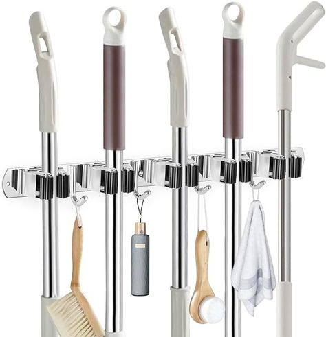 Amazon.com: IMILLET Broom Holder Wall Mounted, Stainless Steel Broom Mop Holder Self Adhesive Heavy Duty Hooks Storage Organizer for Home Laundry Room Garden Garage Closet Kitchen 1 Pack（5 Racks with 4 Hooks） : Tools & Home Improvement Broom Rack, Broom Organizer, Mop And Broom Holder, Plastic Broom, Garage Closet, Broom Hanger, Broom Closet, Mop Holder, Broom Holder