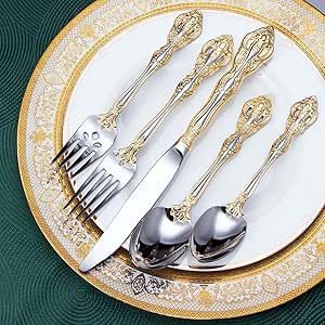 40 Piece Golden Michelangelo Flatware Set for 8, Luxury Silverware Set, 18/10 Stainless Steel Flatware Cutlery Utensil Set, Mirror Polished, Dishwasher Safe (40-Piece for 8) Luxury Silverware, Stainless Dishwasher, Motif Baroque, Gold Silverware, Silver Cutlery, Spoon Knife, Baroque Pattern, Cutlery Sets, Stainless Steel Cutlery