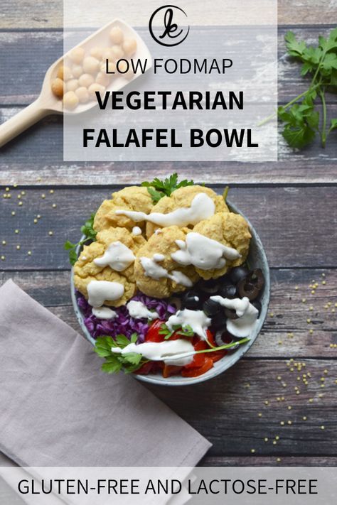 A vegetarian low FODMAP falafel bowl made with homemade falafel. The falafel is made with chickpeas and millet. Yummy and low FODMAP, gluten-free and lactose-free #falafel #vegetarian #FODMAP #glutenfree #lactosefree #bowl #falafelbowl Couscous Bowl, Falafel Bowl, Fodmap Lunch, Homemade Falafel, Fodmap Friendly Recipes, Yoghurt Dressing, Low Fodmap Diet Recipes, Fodmap Diet Recipes, Ibs Recipes