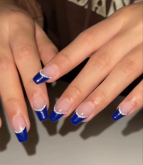 Almond Royal Blue French Tip Nails, Hoco Nails Royal Blue Dress, Blue French Tips With Silver Line, Navy Nails For Prom, Cobalt Blue And Silver Nails, Sparkly Navy Blue French Tip Nails, Prom Nails Dark Blue And Silver, Royal Blue Nails For Prom Almond, Navy Formal Nails