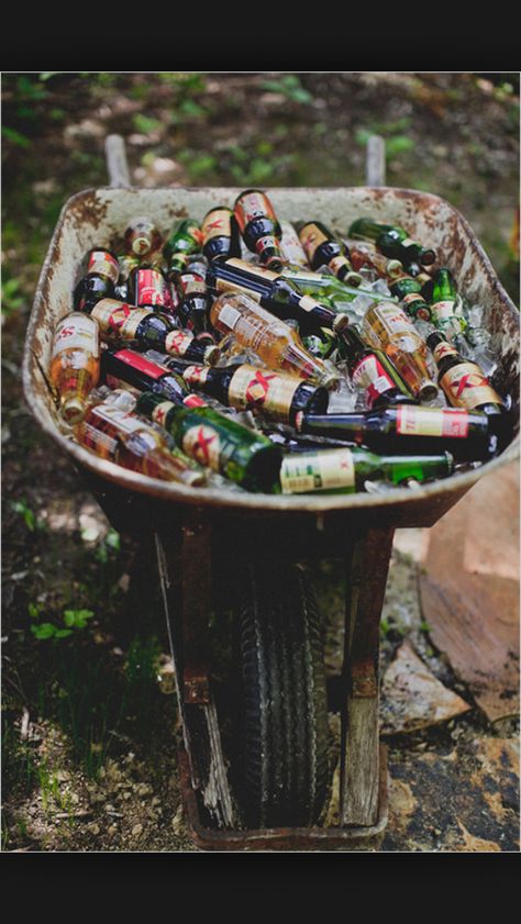 Beer barrel - love this!  What a simple and eye-catching way to keep your beers cold and handy at a rustic wedding or outdoor reception or backyard rehearsal party.  Need to clean the wheel barrow really well first... Backyard Wedding Decorations, Diy Backyard Wedding, Wedding Backyard Reception, Backyard Reception, Rustic Backyard, Deco Champetre, Boda Diy, Wedding Reception Ideas, Outdoor Fall Wedding