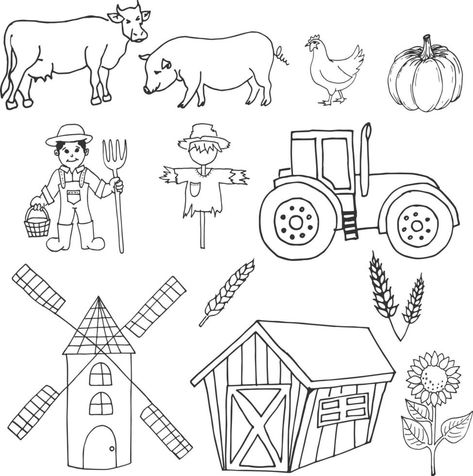 Cartoon Farm Hand Drawn Vector Illustration Objects Set Farm Doodles, Homemade Calendar, Illustration Objects, Objects Illustration, Vector Snowflake, Farm Cartoon, Easy Doodle, Hand Drawn Vector Illustrations, Easy Doodle Art