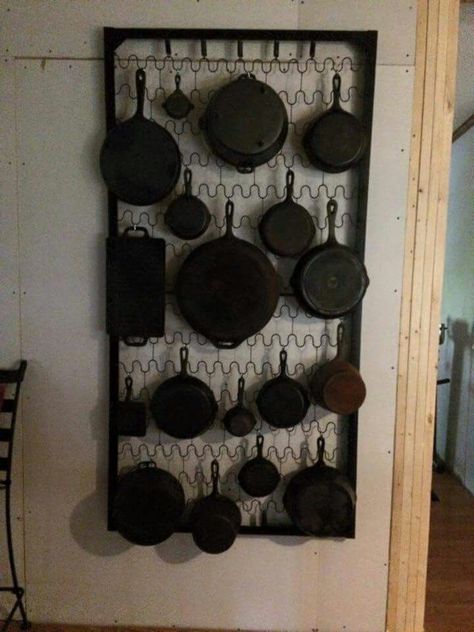 Pan Hanging Ideas, Cast Iron Display Ideas, Cast Iron Cookware Display, Cast Iron Display, Cookware Display, Pan Hanger, Cast Iron Decor, Pan Storage, Rod Iron