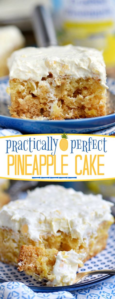 This Practically Perfect Pineapple Cake is loaded with pineapple flavor! Made without butter or oil, it's incredibly moist and topped with a delicious pineapple fluff frosting! // Mom On Timeout #pineapple #cake #recipe #dessert Fluff Frosting, Pineapple Fluff, Pineapple Cake Recipe, Mom On Timeout, Pineapple Desserts, Pineapple Recipes, Dessert Aux Fruits, Pineapple Cake, Practically Perfect