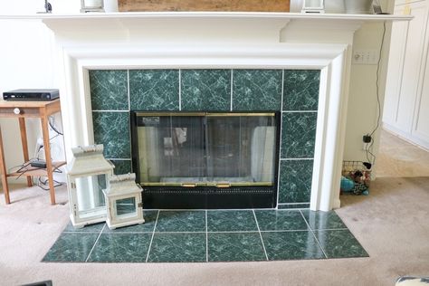 Updating an Old Fireplace - Progress! - Sypsie.com Green Marble Fireplace Makeover, Green Marble Fireplace Surround, Update Marble Fireplace, Green Tile Fireplace, Green Marble Fireplace, Mantle With Corbels, Marble Hearth, High Heat Paint, Rustic Mantle