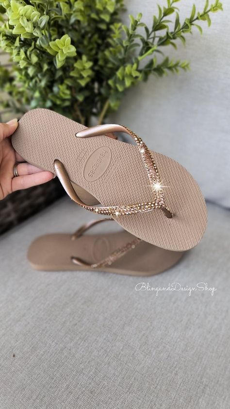 Women's Bling Havaianas Customized with Crystals Rose Gold Rhinestone Flip Flops Summer Slides by BlingandDesignShop on Etsy Rhinestone Flip Flops, Summer Slides, Summer Slide, Rose Gold Crystal, Summer Flip Flops, Crystal Rose, New Balance Sneakers, Gold Rhinestone, Buy Shoes