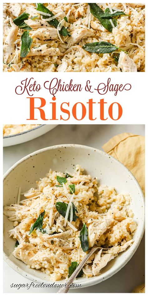 Keto risotto is a simple and simply delicious lunch or dinner that comes together in just 25 minutes. I've used cauliflower rice instead of arborio rice, which makes this meal much lighter and also brings the carbs down to just 6.8g per portion. The chicken adds a bit of protein and fried sage leaves take it to the next level! Keto Risotto, Risotto Chicken, Risotto With Chicken, Cauliflower Recipes Low Carb, Cauliflower Risotto Recipes, Fried Sage, Easy Low Carb Snacks, Cauliflower Risotto, Low Carb Casseroles