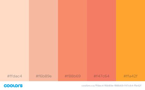 Shades of white, champagnes, pale pinks, peaches, corals and hints of marigold and amber Pink Color Chart, Flower Color Palette, Peach Paint Colors, Peach Rooms, Bathroom Color Palette, Peach Color Palettes, Beach Yellow, Peach Paint, Peach Walls