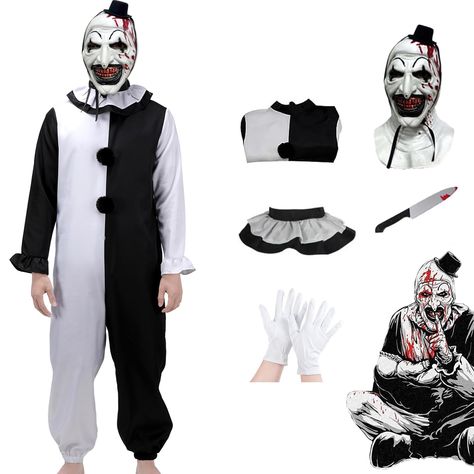 PRICES MAY VARY. 【Deluxe Adult Terrifier Costume】Terrifier costume includes a jumpsuit, terrifier mask, and fake knife. The full set of costumes gives you a perfect Halloween cosplay experience. 【Design Inspiration】Terrifier killer clown costume is inspired by the killer clown character in horror movies. The realistic appearance will make you feel creepy. Wear it to spread and create fear on Halloween. 【Material】Art the clown costume is made of polyester material, which is soft and comfortable, Kids Creepy Clown Costume, Halloween Costumes For Older Adults, Art The Clown Costume, Teen Boy Halloween Costumes, Guys Costumes, Terrifier Costume, Killer Clown Costume, Terrifier Clown, Clown Costume Halloween