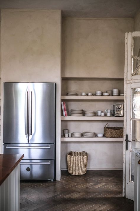 Our Kitchen Renovation - Before and After - Our Food Stories Big Fridge, Old Schoolhouse, Rustic Farmhouse Furniture, Herringbone Wood Floor, Devol Kitchens, Farmhouse Remodel, Herringbone Floor, Window Handles, Marble Counter