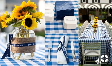 Baby Shower Table Set Up, Bbq Rehearsal Dinner, Dinners Ideas, Gingham Party, Rehearsal Dinner Decorations, Sunflower Theme, Gingham Tablecloth, I Do Bbq, Baby Shower Bbq