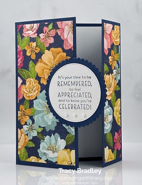 Stampin' Up! Hues of Happiness Fun Fold - Stamping With Tracy 91st Birthday, Hues Of Happiness, Fancy Fold Card Tutorials, Card Making Templates, Homemade Birthday Cards, Mom's Birthday, Hand Made Greeting Cards, Fold Cards, Designer Series Paper