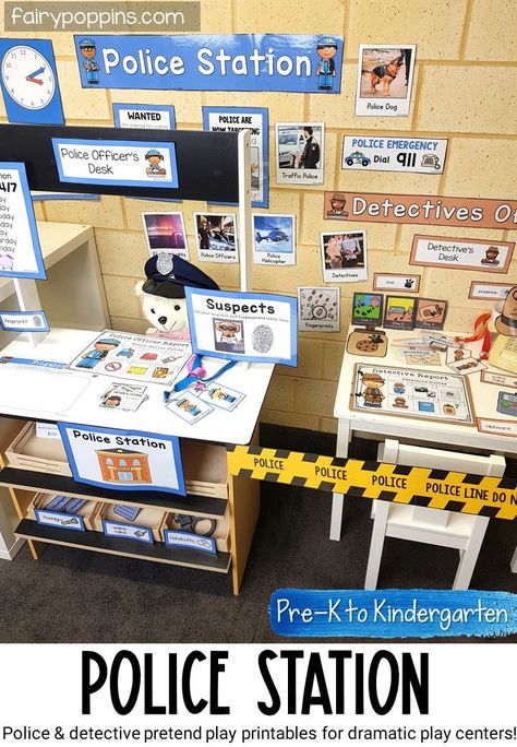 This police station dramatic play center is a fun way for kids to learn about what police and detectives do. It's great for a community helper theme. I love it because it focuses on kid friendly themes. #policedramaticplay #detectivedramaticplay #policepretendplay #detectivepretendplay #communityhelper #communityhelperactivities #policestation #detectiveactivities #pretendplay #dramaticplaycenter #pretendplaycenter #preschool #prek #kindergarten Police Classroom Theme, Police Station Activities For Preschool, Dramatic Play Area Kindergarten, Dramatic Play Police Station, Community Helpers Pretend Play, Police Station Dramatic Play Preschool, Police Pretend Play, Police Dramatic Play Preschool, Police Theme Preschool