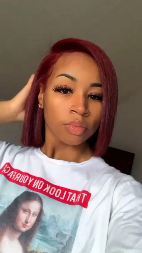 Red Blowout Natural Hair, Burgundy Bob Natural Hair, Burgundy Bob Black Women Natural Hair, Burgundy Natural Hair Black Women Dark Skin, Burgundy Bobs For Black Women, Red Silk Press Natural Hair Bob, Red Quick Weave Bob With Leave Out, Cranberry Hair Color On Black Women, Red Hair Bob Black Women