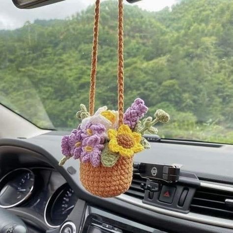 Car Crochet Accessories, Cotton Amigurumi, Crochet Car Mirror, Car Crochet, Crochet Car, Crochet Bouquet, Crochet Business, Crochet Plant, Crochet Design Pattern