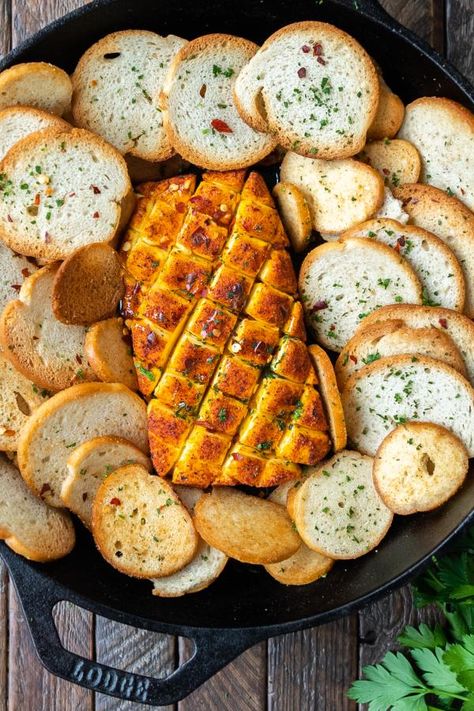 The skillet will keep the cream cheese warm and looks great on your table—if it makes it that far. Cheese With Hot Honey, Pitboss Recipes, Trager Grill, Smoked Cream Cheese, Bagel Crisps, Honey Drizzle, Spicy Honey, Cheese Dishes, Hot Honey