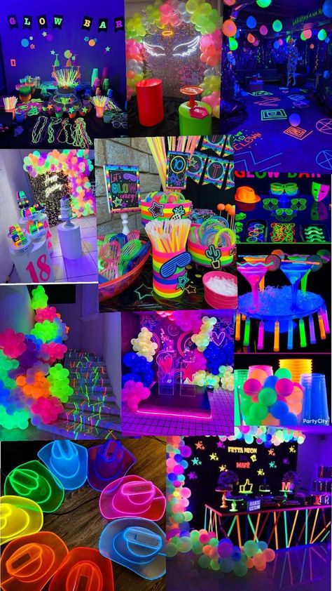 Glow Theme Party Cake, Blackout Or Back Out Party Theme, 14th Birthday Theme, Pre Teen Birthday Party Ideas, Neon Sweet 16 Party Ideas, Neon Bday Party, Neon Party Games, Neon Themed Birthday Party, Small Birthday Ideas