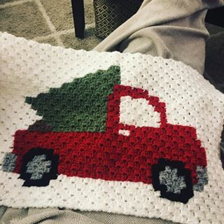 Sweatered Mary (@sweateredmary) • Instagram photos and videos Christmas Eve Day, Caron One Pound Yarn, Red Pickup Truck, Tree Crochet, Repeat Crafter Me, Corner To Corner Crochet, Xmas Elf, Crochet Pillow Cover, Fall Crochet