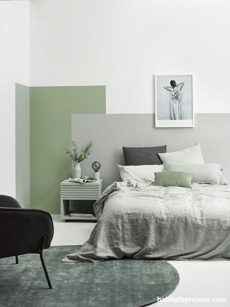 Colour Blocking Interior, Painting Walls, Bedroom Wall Designs, Bedroom Wall Paint, Bedroom Wall Colors, 아파트 인테리어, Bedroom Green, Rental Properties, Decor Minimalist