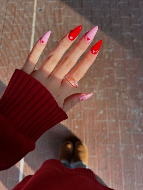 Red And Pink Acrylics, Ted And Pink Nails, Red Nails With Hearts Valentines, Nail Art Red And Pink, Valentines 2024 Nails, Pink And Red Flame Nails, Red Festival Nails, Pink Red Nail Designs, Red Pink Nails Design