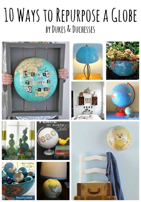 10-ways-to-repurpose-a-globe Globe Upcycle, Globe Projects, Furniture Joinery, Dollar Diy, Globe Diy, Old Globe, Globe Crafts, Map Crafts, Globe Art