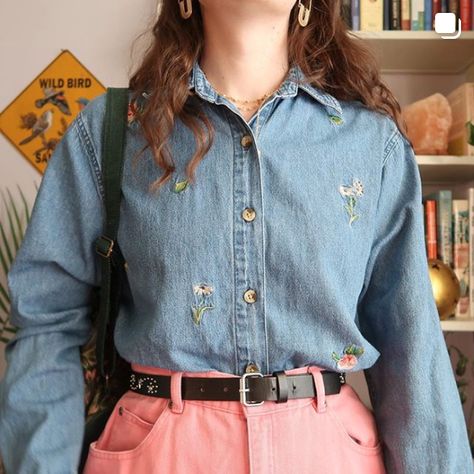 Denim Shirt Outfit, Embroidered Denim Shirt, Fashion Sketches Dresses, Sketches Dresses, Vintage Grunge, Embroidered Denim, Aesthetic Vintage, Grunge Aesthetic, Clothing Ideas