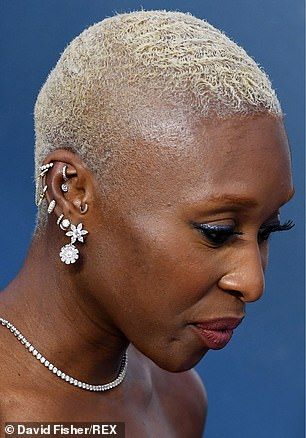 Pictured: Cynthia Erivo... Piercings On Black Women, Piercing Ideas Black Women, Piercings Black Women, Celebrity Piercings, 2024 Era, Twa Styles, Undercut Hair, Shaved Heads, Brush Cut