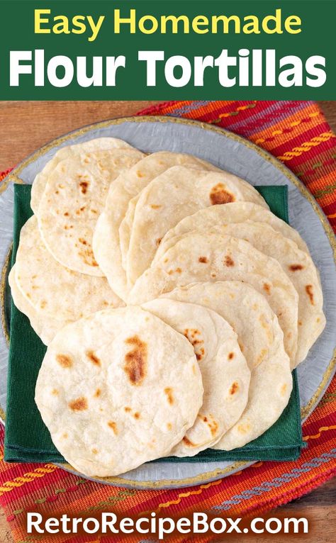 Homemade Flour Tortillas are easier to make than you might think. With a few basic ingredients and a little time, you can have fresh, delicious flour tortillas ready for tacos, burritos, and more! flour tortilla recipe by retrorecipebox.com #tortillas #flourtortillas #recipe #tortillarecipe Flour Tortilla Recipe With Lard, Tortilla Recipe With Lard, Soft Tortilla Recipe, Homemade Taco Shells, Easy Tortilla Recipe, Flour Tortilla Recipe, Soft Flour Tortillas, Taco Shell Recipe, Homemade Tortilla Recipe