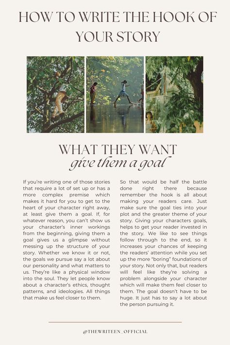 If you want your hook to pack a punch, make sure you give your characters a goal. They provide a sense of direction in a sea of information and makes readers invested in your character and their journey, making them more likely to keep turning the page. Pick something small that will resolve itself by the end of chapter one so readers can anticipate the satisfaction.  #writers #write #writingtips #writinganovel #bookwriting #writinginspiration #thewriteen #creativewriting #howtowritethehook Chapter Outline, Novel Writing Outline, Novel Writing Inspiration, End Of Chapter, Novel Tips, Writing Romance Novels, Writing Outline, Writing Romance, Writing Prompts For Writers