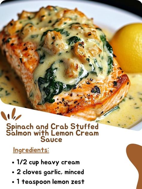 Salmon With Lemon Cream Sauce, Fillets Recipes, Crab Stuffed Salmon, Cooking Master, Lemon Cream Sauce, Salmon With Lemon, Stuffed Salmon, Sea Foods, Lemon Cream Sauces