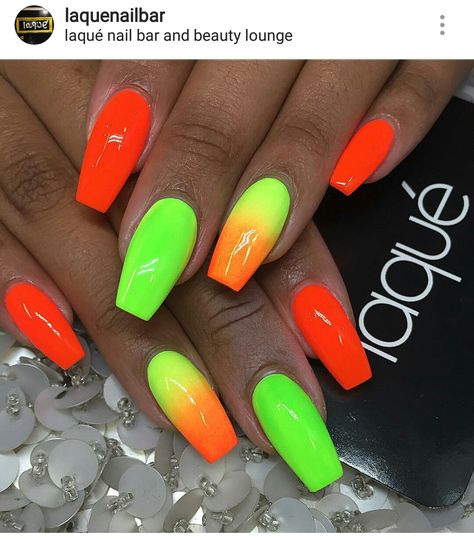 Like the green but change the orange to hot pink Nail Art Fluo Summer, Bright Nails Neon, Neon Nail Art Designs, Summer Nails Neon, Bright Summer Acrylic Nails, Neon Nail Art, Neon Summer, Nails 2018, Summer Nail Art