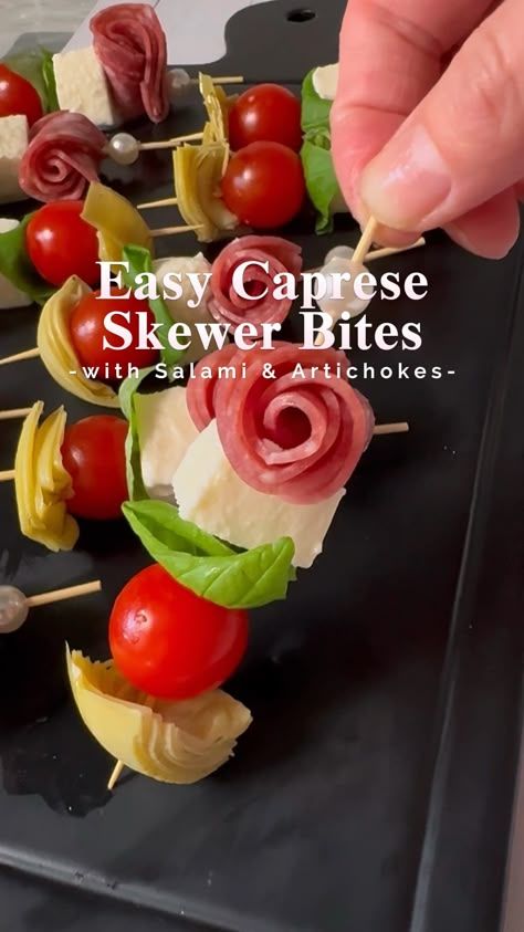 While there are many cold appetizer skewer recipes out there, my version of these caprese appetizer skewers is a standout with its beautiful salami roses, creamy mini mozzarella balls (or cubes), aromatic basil leaves, juicy cherry tomatoes and marinated artichokes. Healthy Skewers, Tomato Mozzarella Skewers, Appetizer Skewers, Tomato Skewers, Caprese Appetizer, Cold Appetizer, Marinated Artichokes, Tomato Mozzarella Basil, Antipasto Skewers