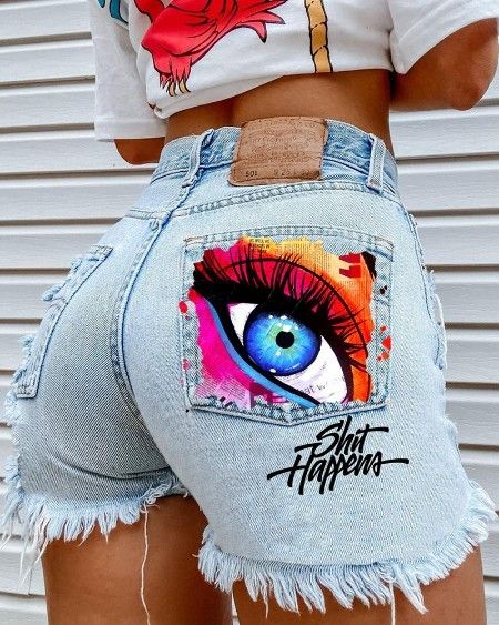 Painted Shorts, Painted Clothes Diy, Casual Denim Shorts, Denim Art, Print Denim, Painted Jeans, Eye Print, Painted Denim, Painted Clothes