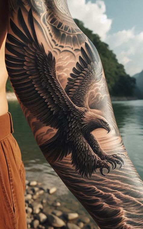 Inner Bicep Eagle Tattoo Men, Eagle Tattoo On Forearm, Viking Eagle Tattoo, Hawk Arm Tattoo, Realistic Tattoos Men, Eagle Tattoo Realistic, Angry Eagle Tattoo, Mens Tattoo Ideas Sleeve Inspiration Men, Eagle Sleeve Tattoo Men