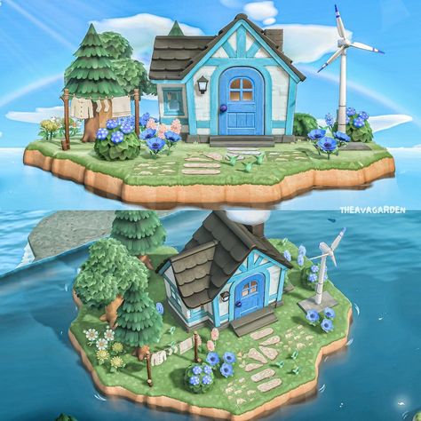 Acnh House Ideas, Island House Exterior, Blue Lake House, Acnh Hhp, Acnh House, Cottagecore Animal Crossing, Acnh Cottagecore, Animal Crossing Memes, Happy Home Designer