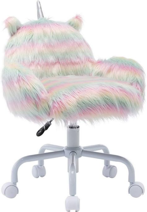 Amazon.com: Wahson Cute Unicorn Home Office Chair with Wheels, Teens/Kids/Girls Swivel Study Desk Chair for Living Room, Bedroom, Faux Fur, Rainbow Colour : Home & Kitchen Unicorn Chair, Kotak Bento, Kid Furniture, Fluffy Unicorn, Unicorn Room, Fluffy Comforter, Rolling Chair, Study Chair, Kids Desk Chair