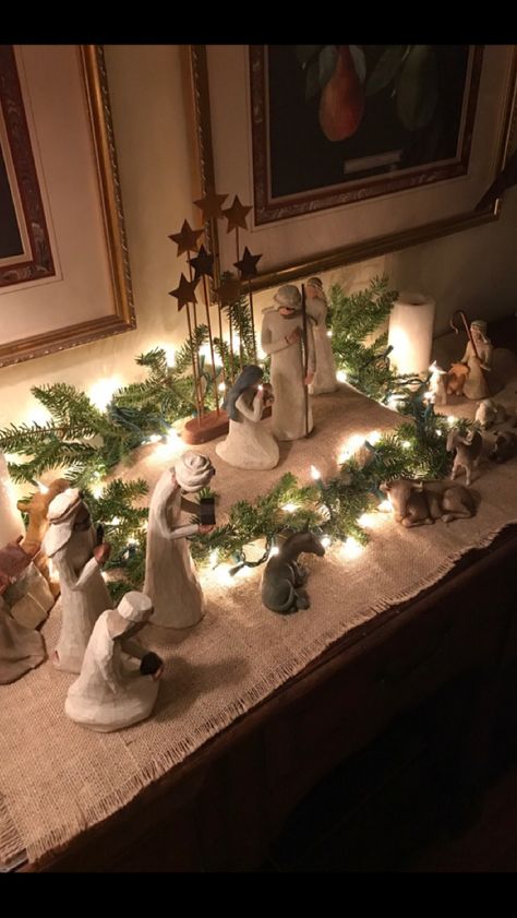 Willow Tree Nativity Display, Village Tree Display, Nativity Sets Display, Christmas Village Tree, Christmas Nativity Scene Display, Nativity Display, Village Tree, Nativity Scene Display, Christian Christmas Decorations