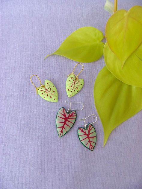 Two pair of polymer clay earrings that look like caladium leaves next to a philodendron lemon lime Polymer Clay Plant Earrings, Air Clay Earrings, Painted Polymer Clay Earrings, Clay Plant, Flower Clay, Plant Earrings, Clay Keychain, Clay Magnets, Leaf Texture